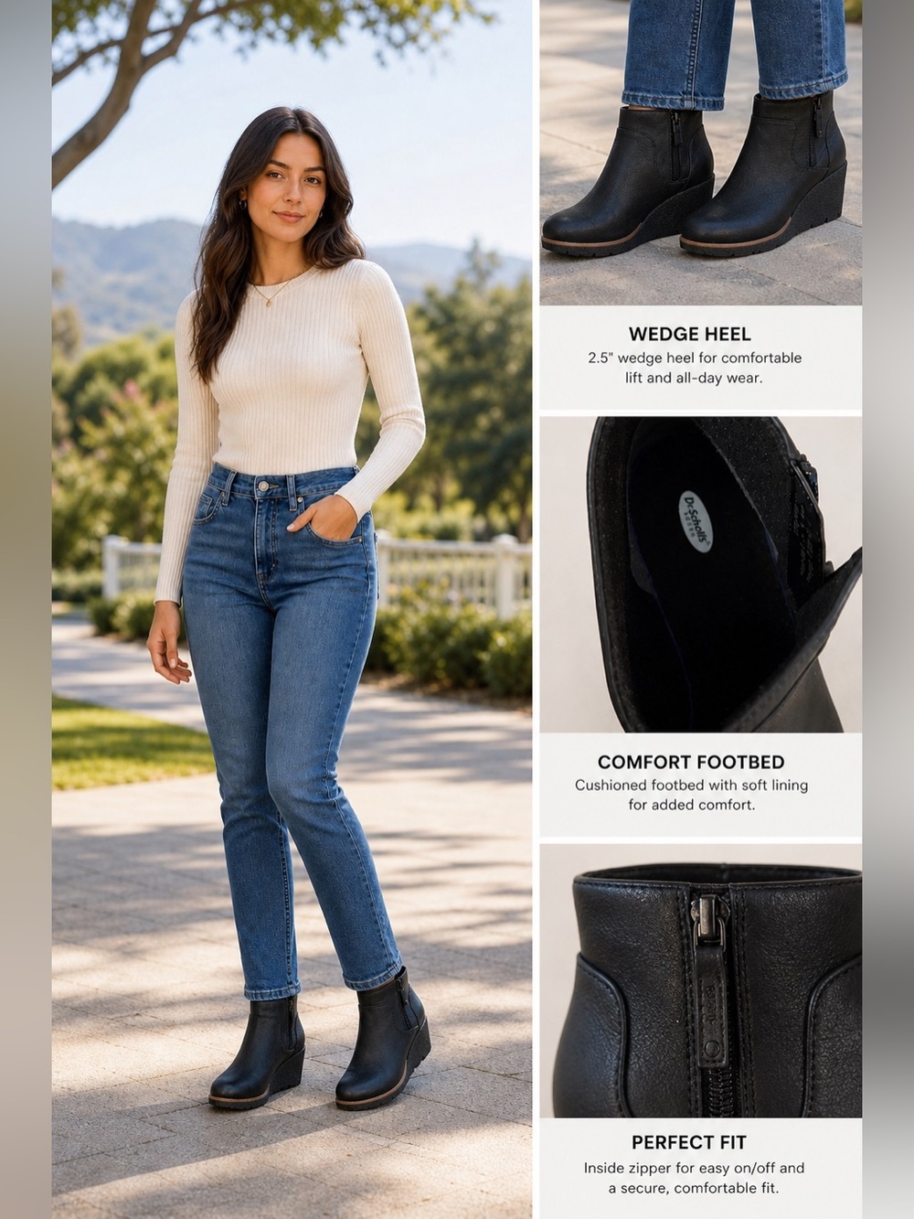 NIB Dr. Scholl's Been There Wedge Boots Women's Size 8.5 M Black Comfort Zip